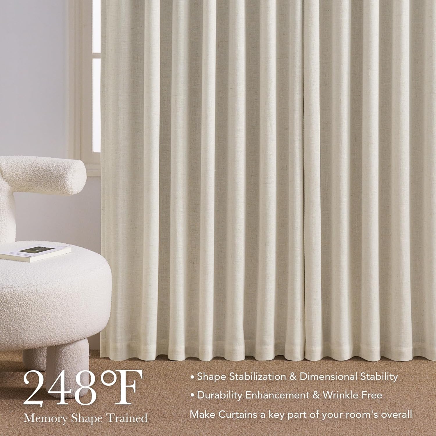Off-white textured ripple fold curtains with strong, structured memory shape pleats, hung by a bright window.