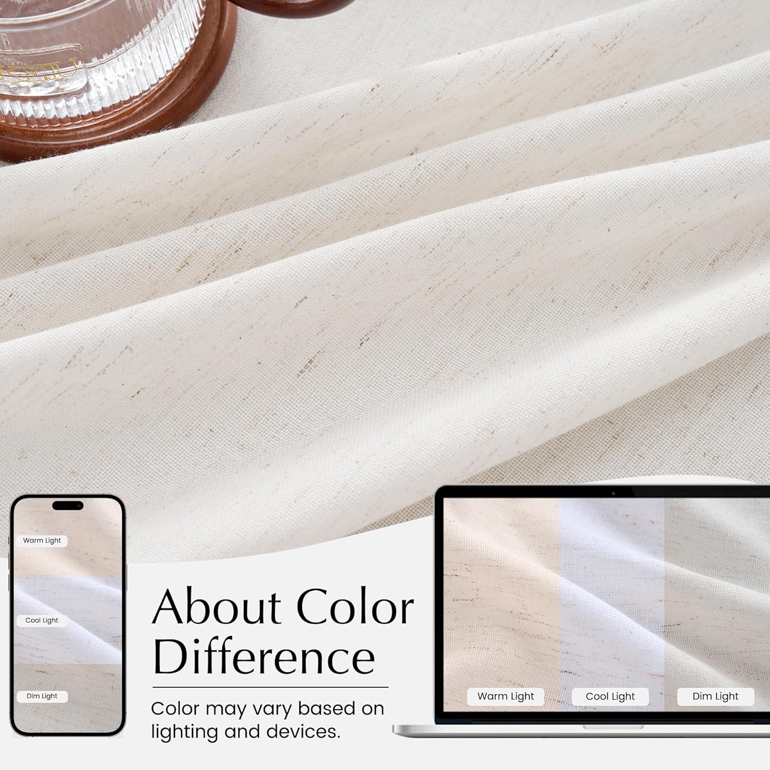 Close-up of off-white textured slub fabric. Shows how color changes with warm, cool, and dim lighting.