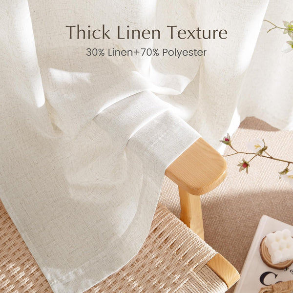 Close-up of a thick off-white linen blend curtain, showcasing its natural texture draped over a wooden stool.