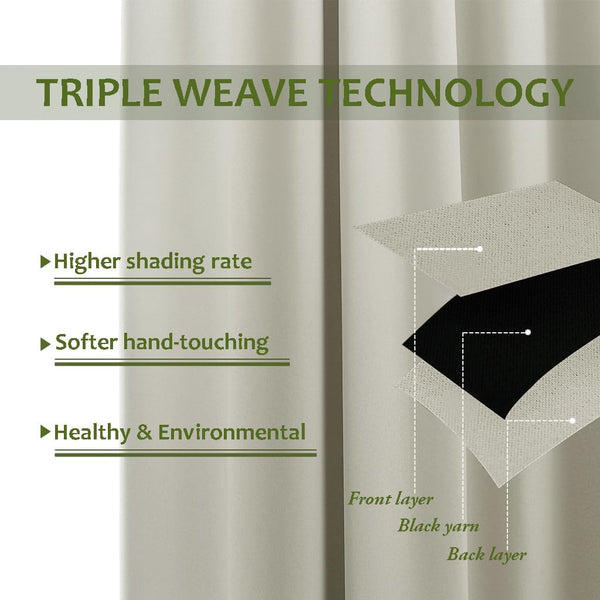 Off-white triple weave blackout curtain fabric, demonstrating its layered construction for superior shading.