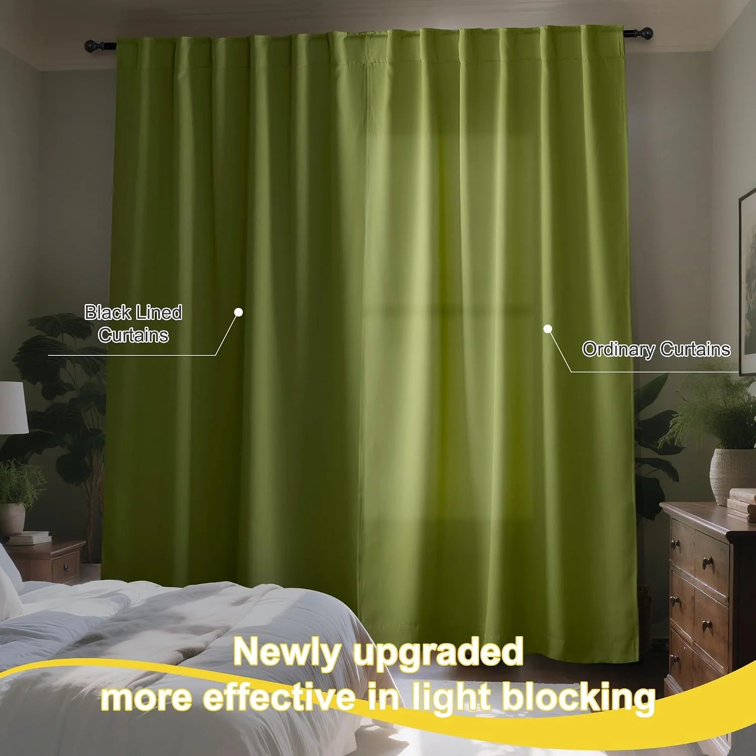 Olive green black lined blackout curtains in a bedroom blocking more light than ordinary panels