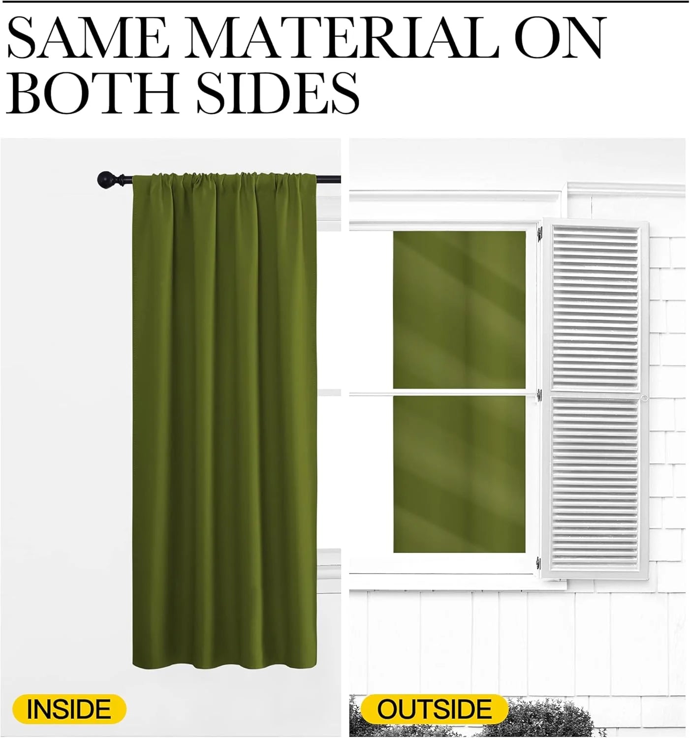 Olive green curtain panel shown from inside and outside with same fabric on both sides