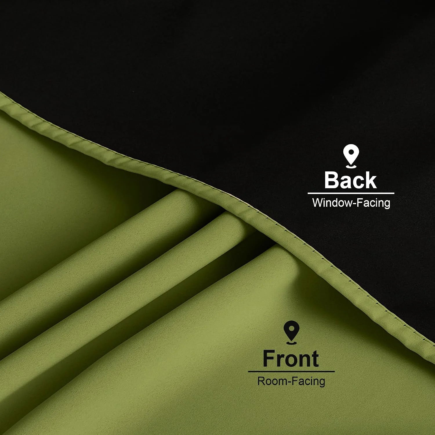 Olive green blackout curtain fabric detail showing black window-facing backing