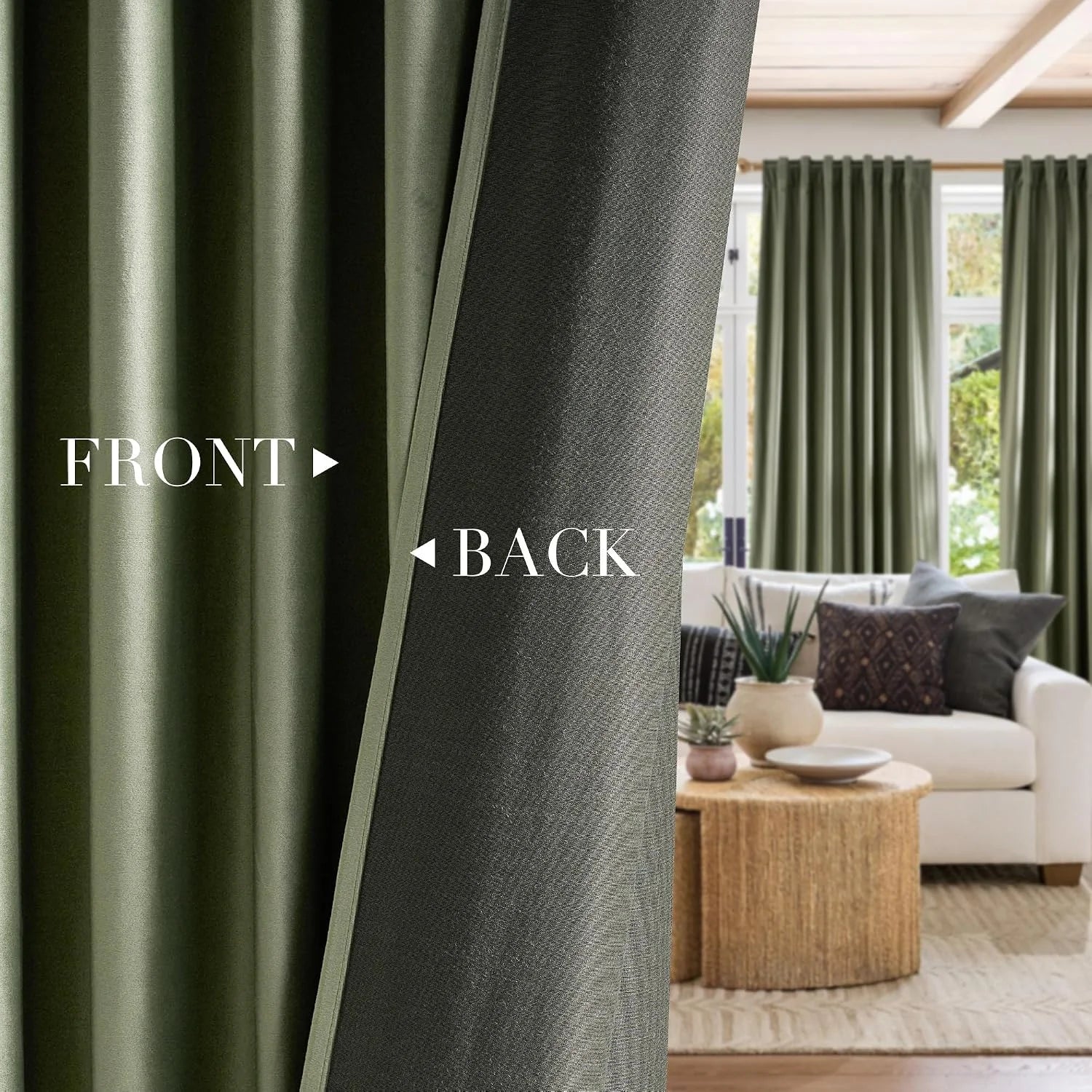 Olive green blackout curtains showing front and back fabric in a bright living room