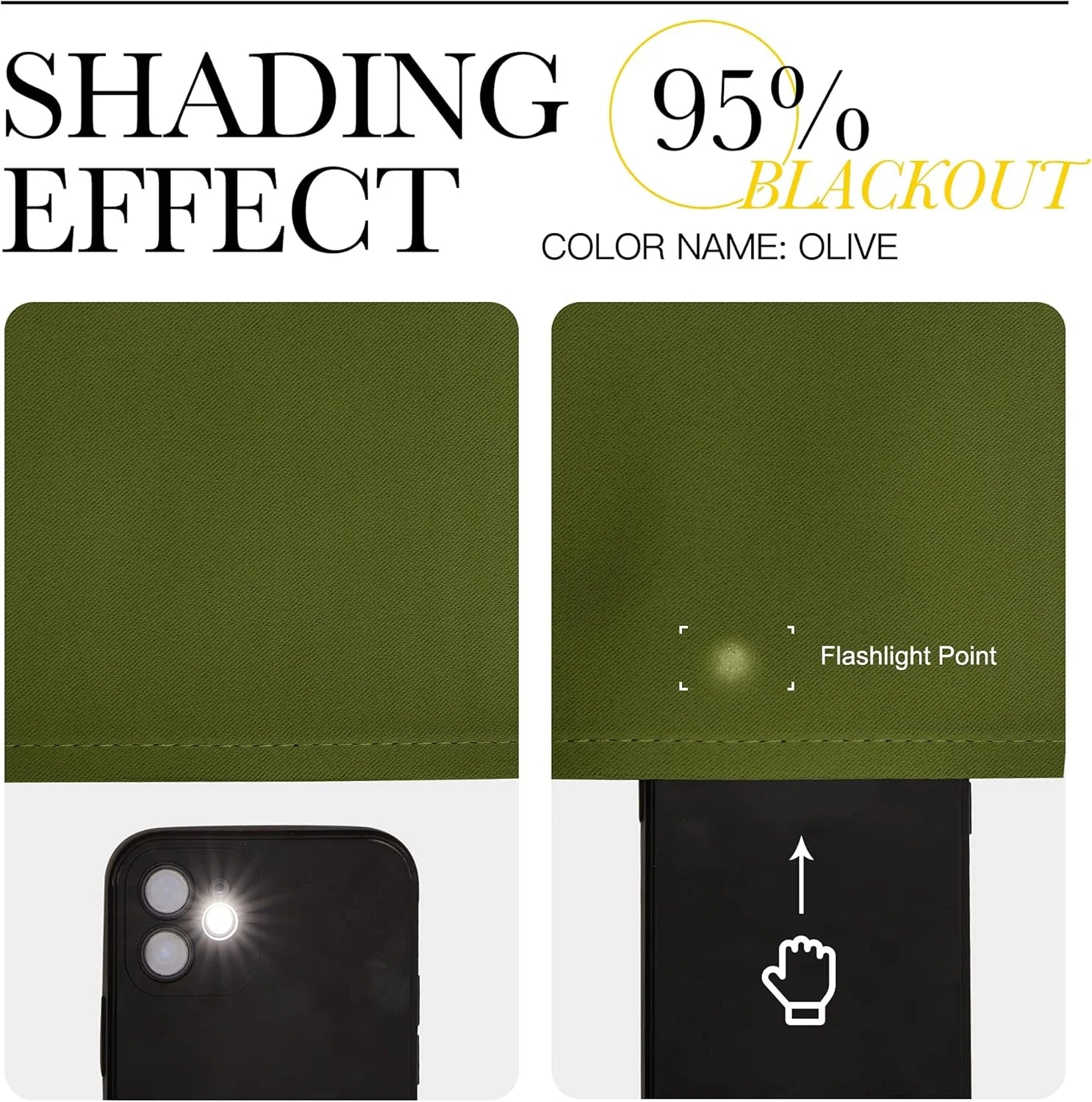 Olive blackout shade fabric sample showing 95% light-blocking effect with flashlight test