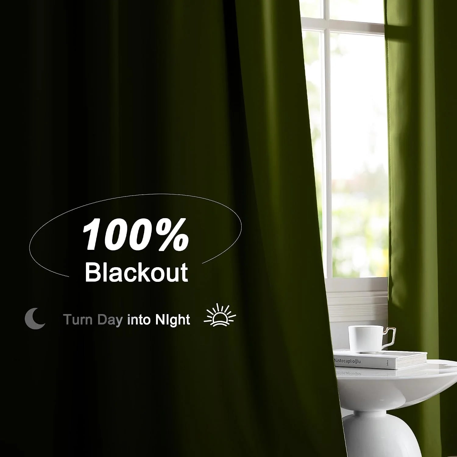 Olive green blackout curtains beside a bright window with a white side table and mug