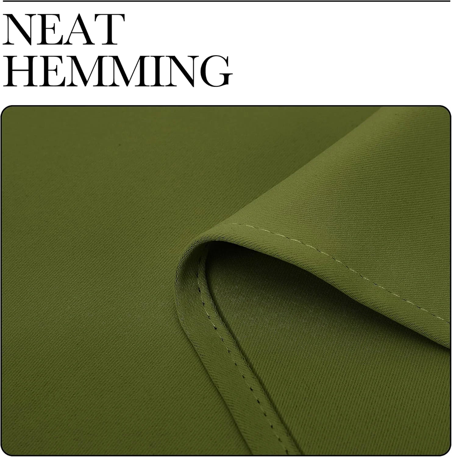 Close-up of olive green fabric with neat hem stitching and folded edge detail