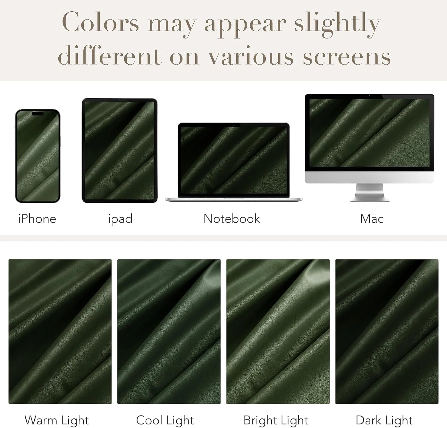 Olive green faux leather swatch shown on multiple screens and under varied lighting