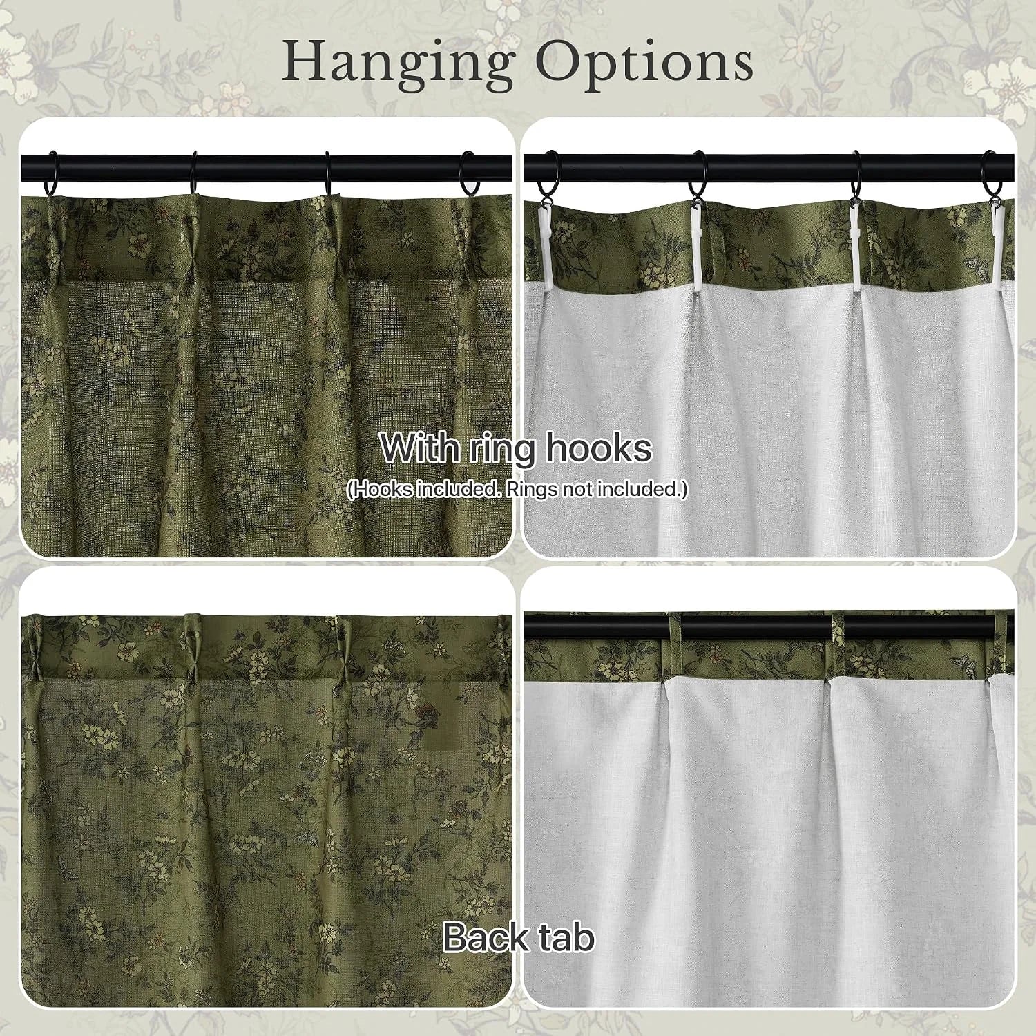 Olive floral linen curtain panel showing ring hook and back tab hanging options