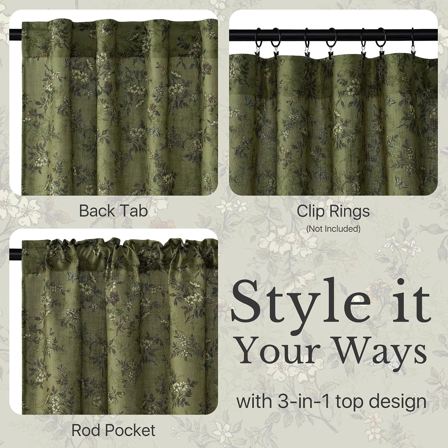 Olive floral curtain panel showing back tab, clip rings, and rod pocket header styles