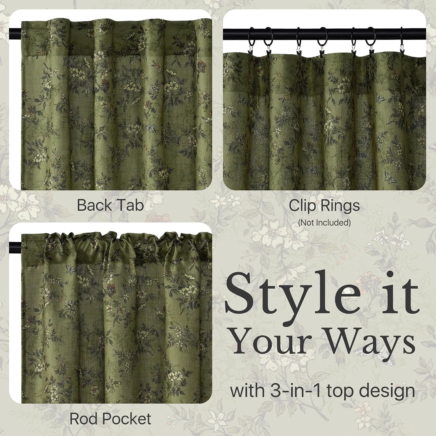 Olive floral curtain panel showing back tab, clip rings, and rod pocket hanging styles