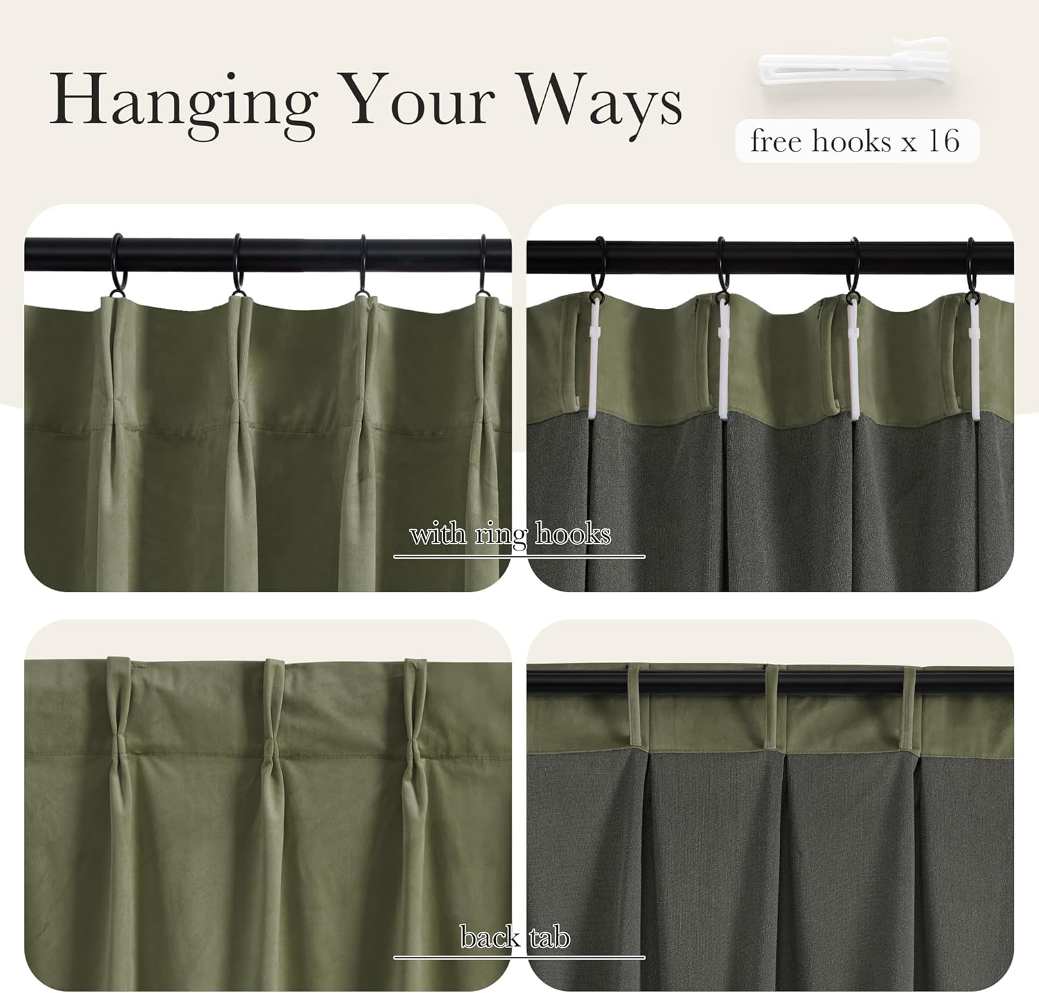 Olive green curtains with back tab and ring hook hanging options. Dark gray blackout lining displayed.