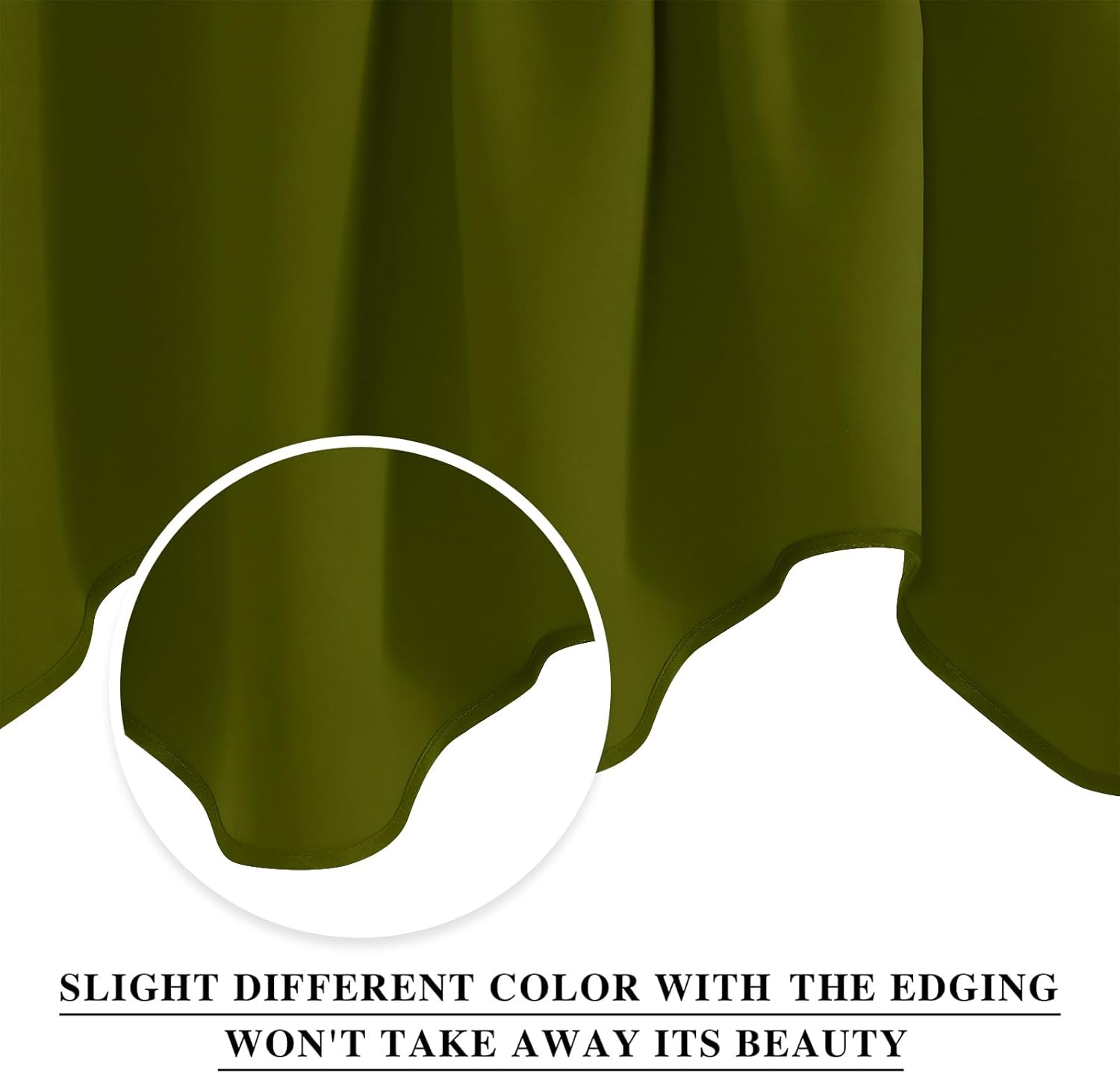 Smooth olive green curtain fabric with graceful folds, showing a slight color variation on its neatly sewn edge.