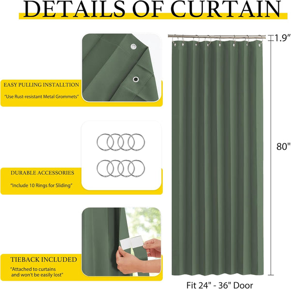 Solid olive green door curtain featuring metal grommets, hanging rings, and an attached tieback.