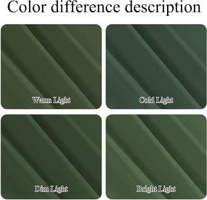 Olive green fabric swatch demonstrating color shifts under warm, cold, dim, and bright light.