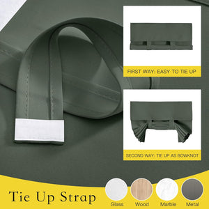 Olive green fabric tie-up strap for curtains, demonstrating rolled and bowknot styles.