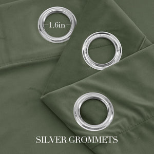 Olive green curtain fabric with prominent silver grommets, each measuring 1.6 inches in diameter.