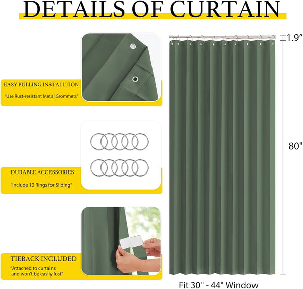 Solid olive green window curtain with rust-resistant metal grommets, sliding rings, and attached tieback.