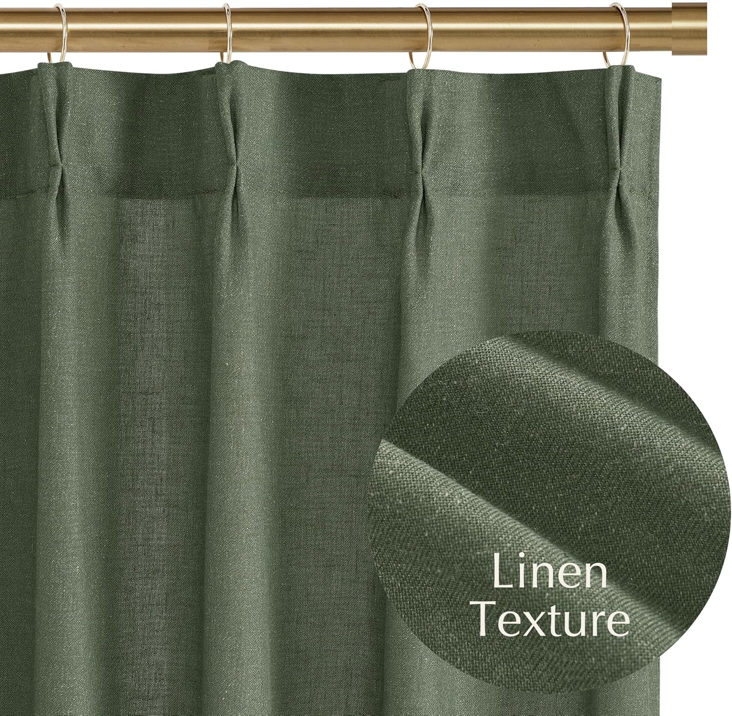 Olive green linen textured curtain with pinch pleats hanging from a brass rod.