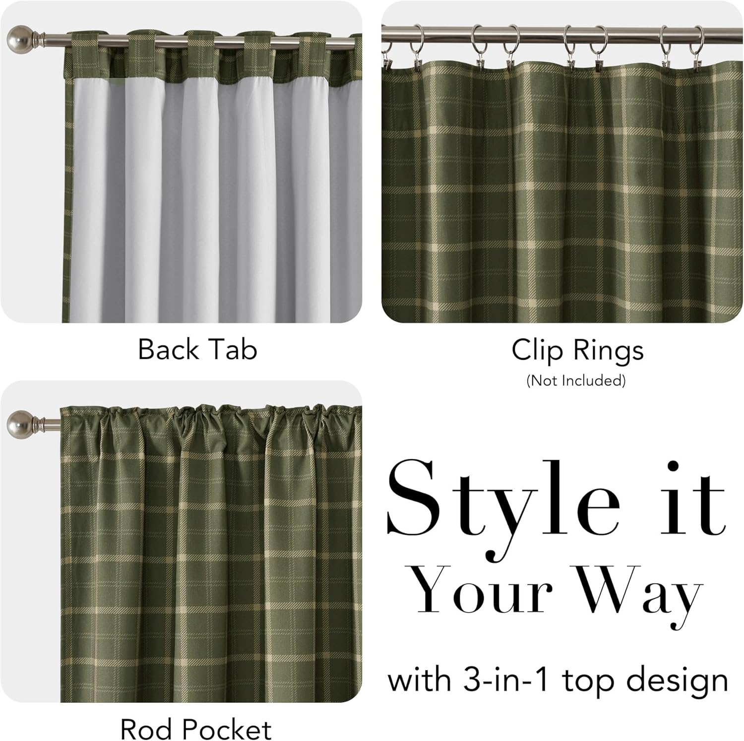 Olive green plaid curtain panel, 3-in-1 top design: back tab, rod pocket, clip rings.