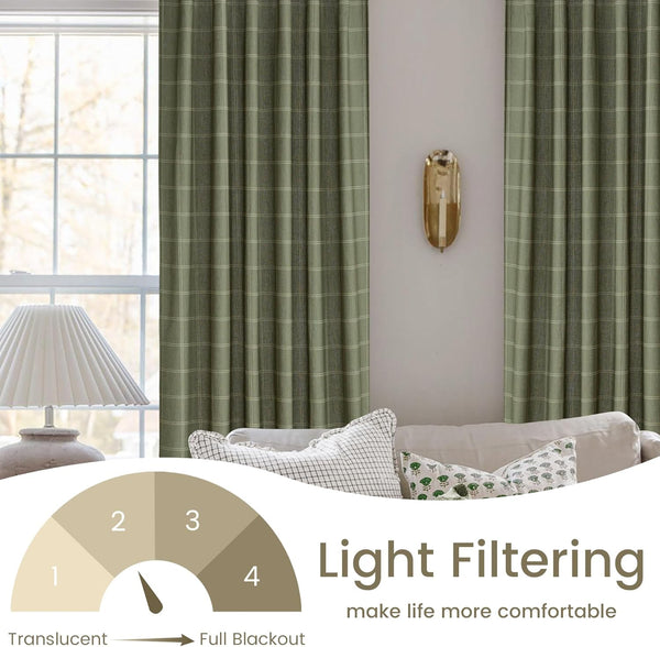 Olive green plaid pleated curtains offering strong light filtering, hung in a modern room.