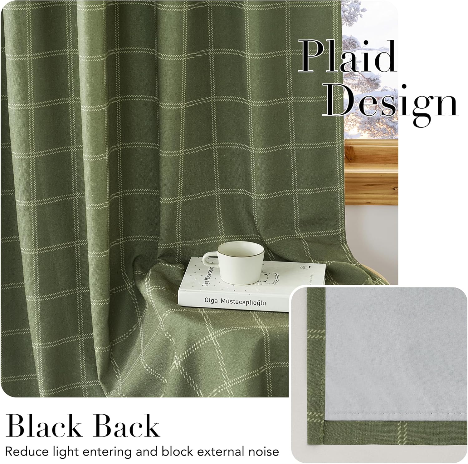 Draped olive green plaid blackout curtain with a white dashed grid pattern and light-blocking grey backing.