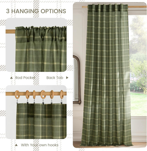 Olive green plaid window drapes with three versatile hanging options: rod pocket, back tab, and hooks.