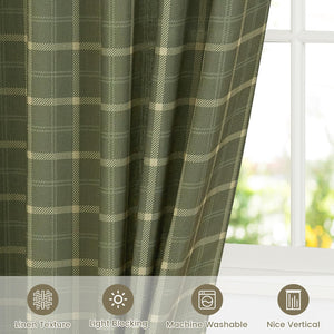 Olive green plaid blackout curtain with visible linen texture, draped beside a bright white window.