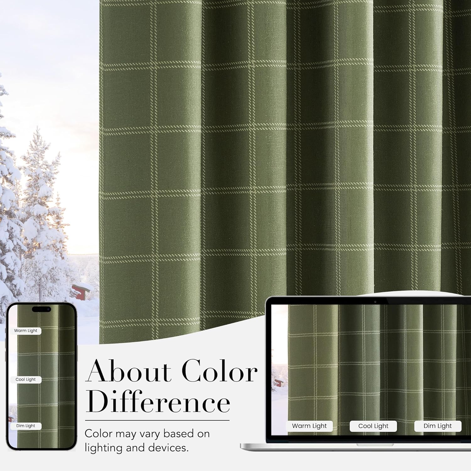 Pleated olive green thermal drapes featuring a subtle lighter plaid pattern, partially covering a snowy window.