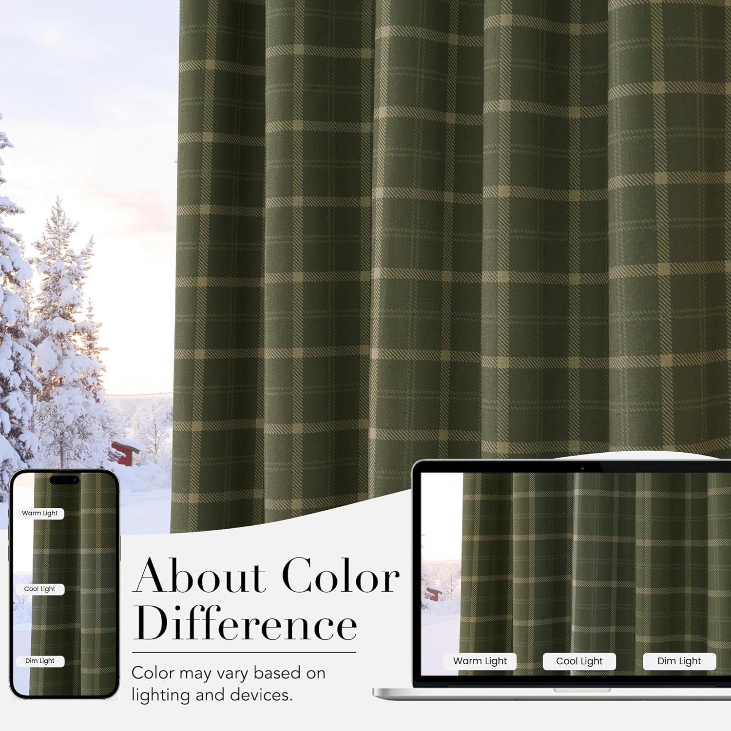 Olive green woven window curtain featuring a classic beige plaid pattern, ideal for rustic decor.