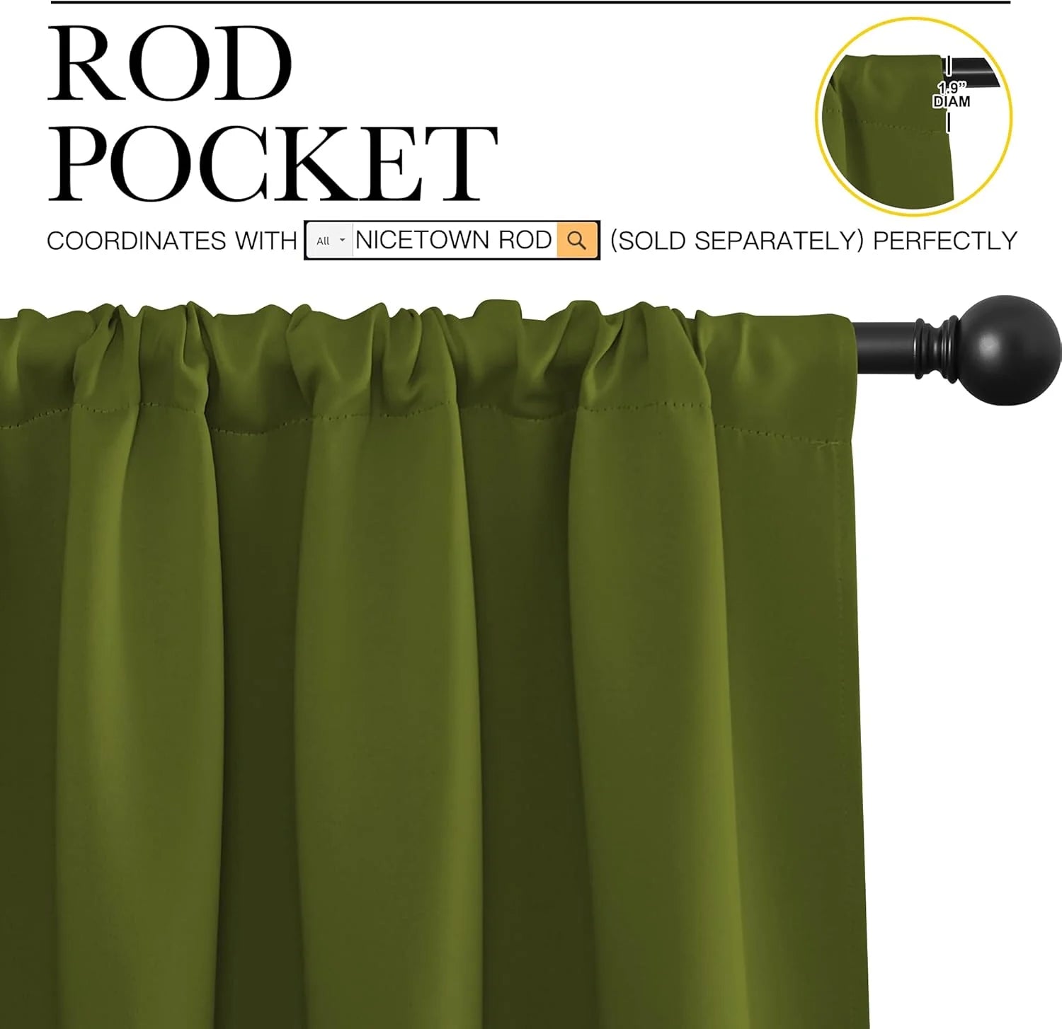 Close-up of olive green rod pocket curtain panel on black rod, 1.9" diameter