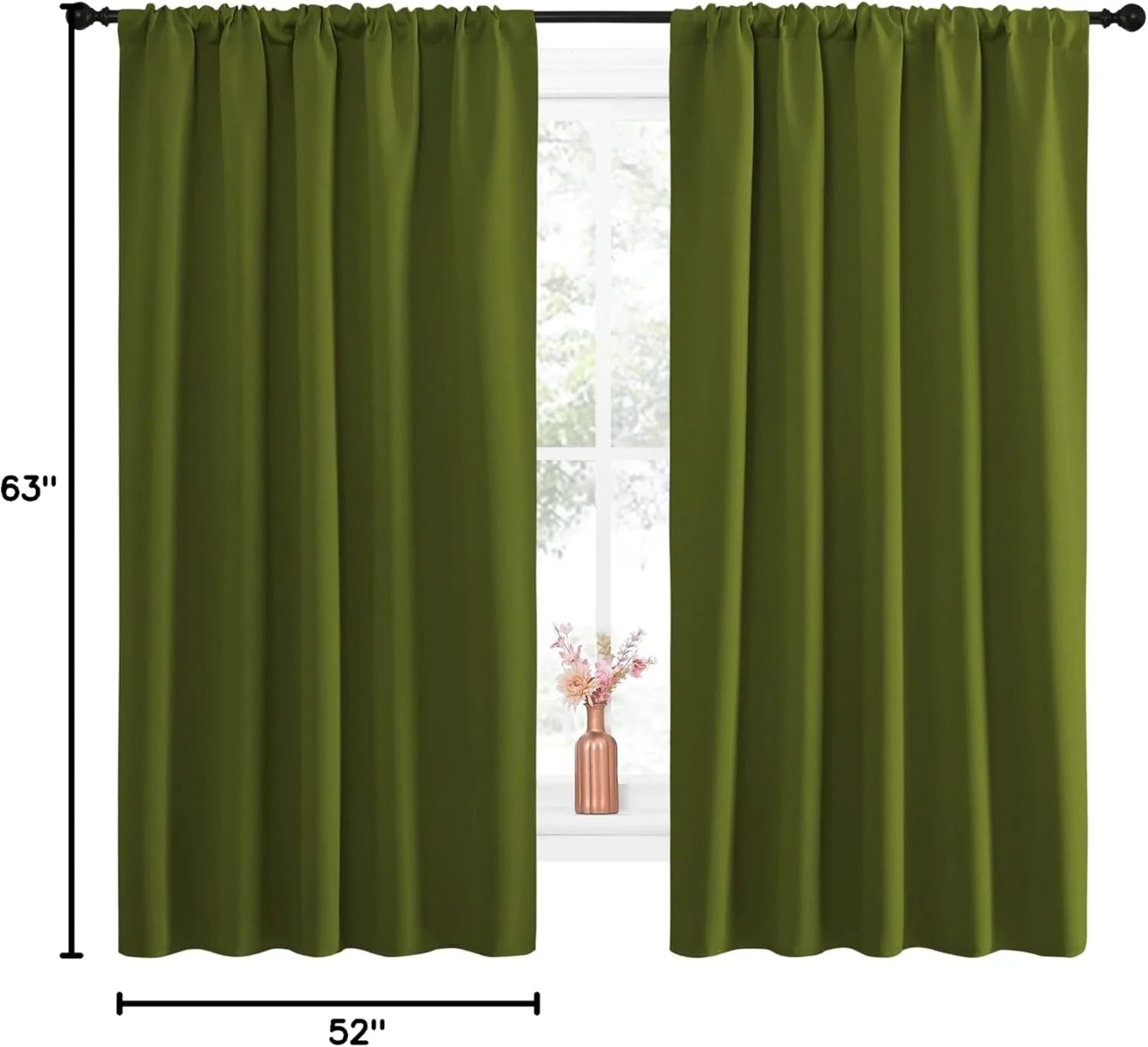 Olive green rod pocket curtain panels hanging on a black curtain rod over a window