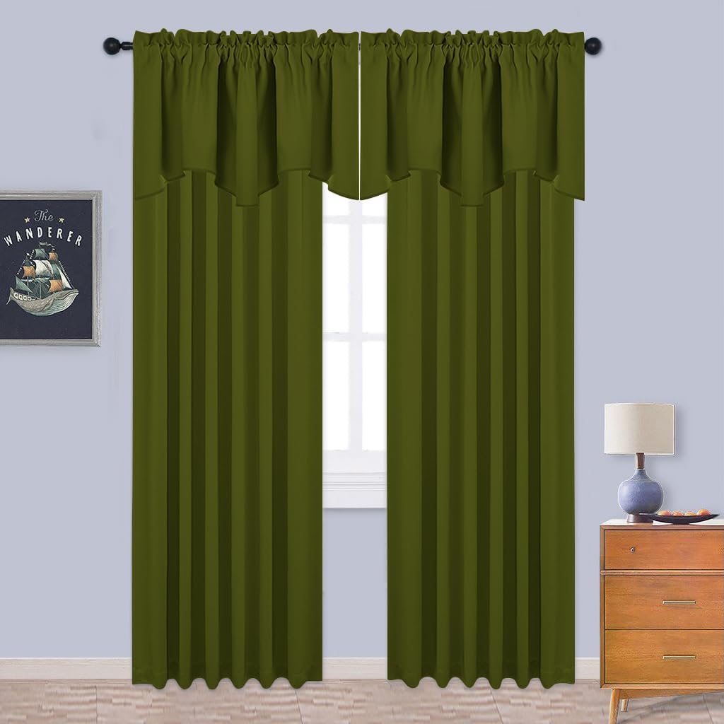 Solid olive green rod pocket curtains with gathered top and decorative valance, covering a window.