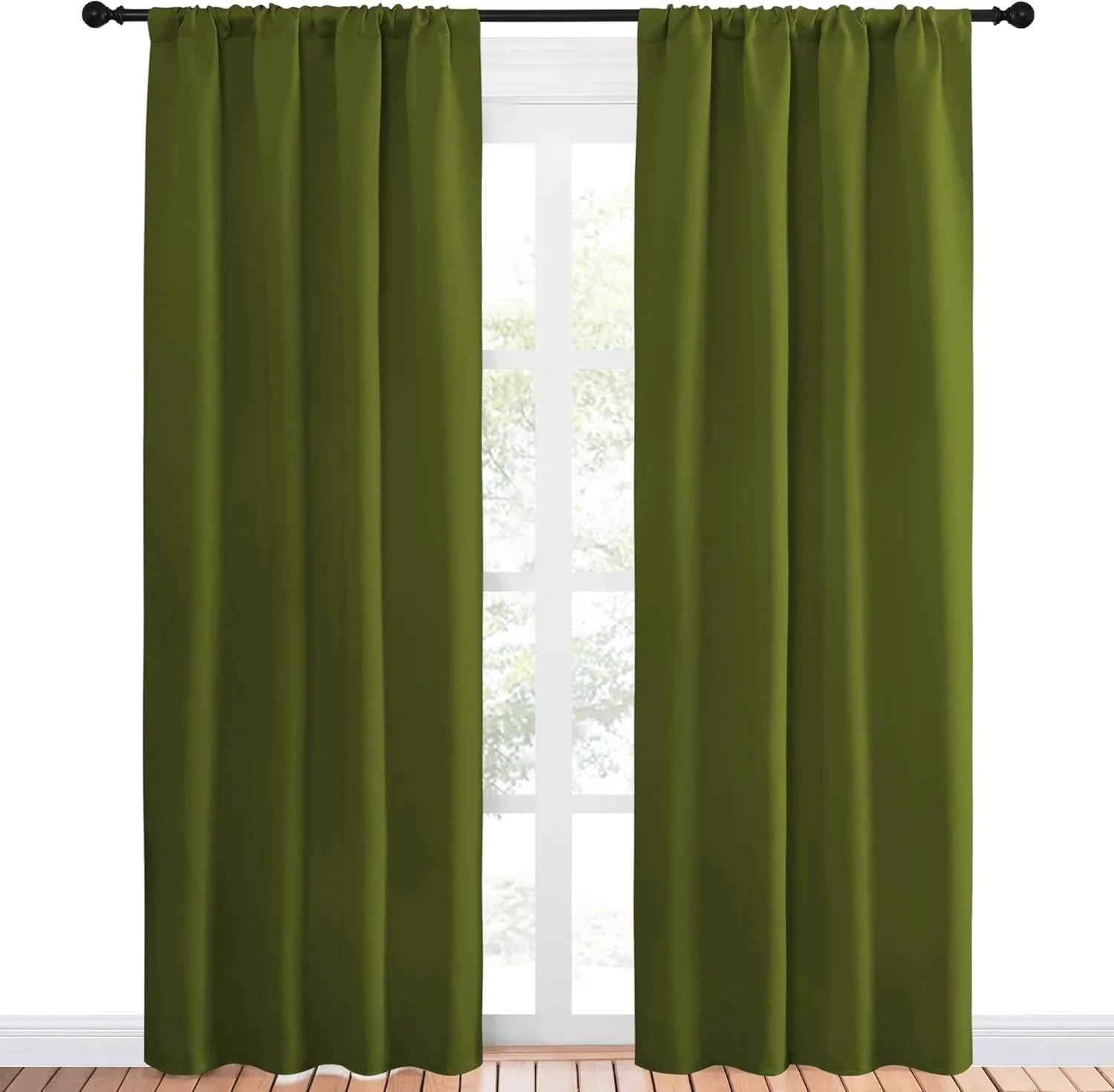 Pair of olive green rod pocket room darkening curtains on a black rod
