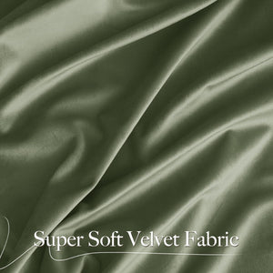 Close-up of draped olive green super soft velvet fabric showing rich texture and sheen