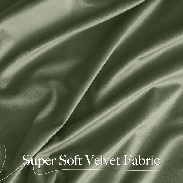 Close-up of draped olive green super soft velvet fabric showing rich texture and sheen