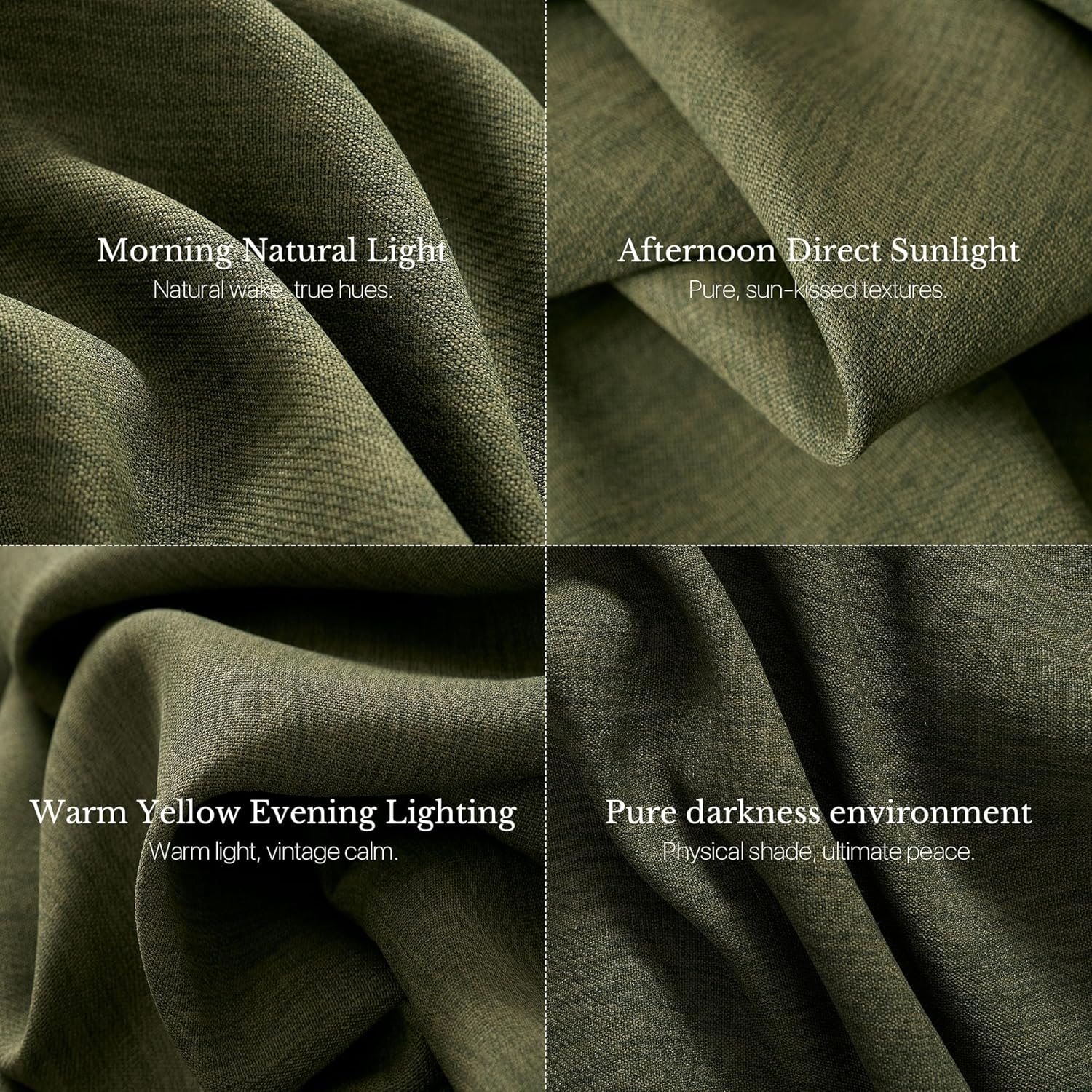 Close-up of olive green textured blackout curtain fabric in various lighting conditions.