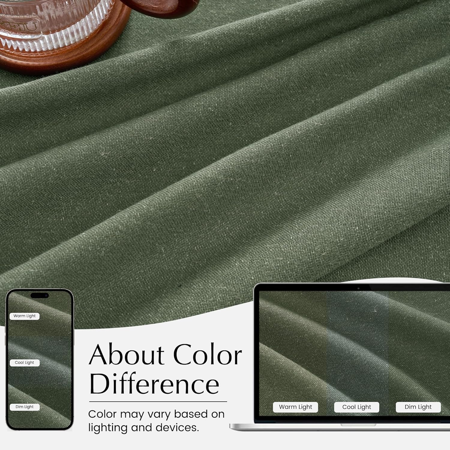 Olive green textured fabric sample showing color variation under warm, cool, and dim light conditions.