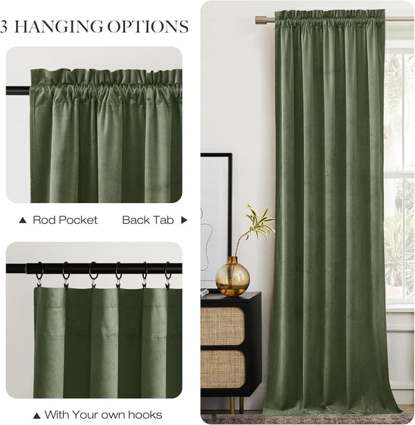 Olive green velvet curtain panel with 3 versatile hanging options: rod pocket, back tab, and hooks.