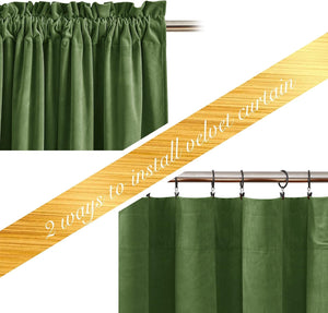 Olive green velvet curtain displayed showing gathered rod pocket and clip ring hanging options.