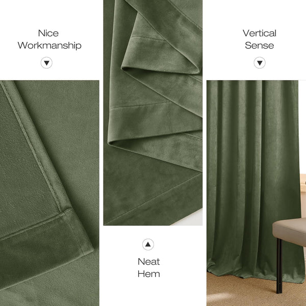 Olive green velvet curtain showing soft texture, neat stitching, and natural vertical folds.