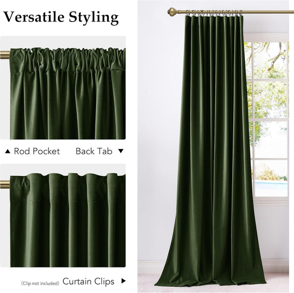 Rich olive green velvet drapes with rod pocket and back tab hanging options, by a window.