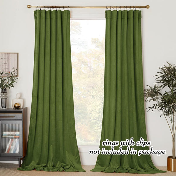 Luxurious olive green velvet curtains with tailored pleats, spanning a window in a contemporary living space.