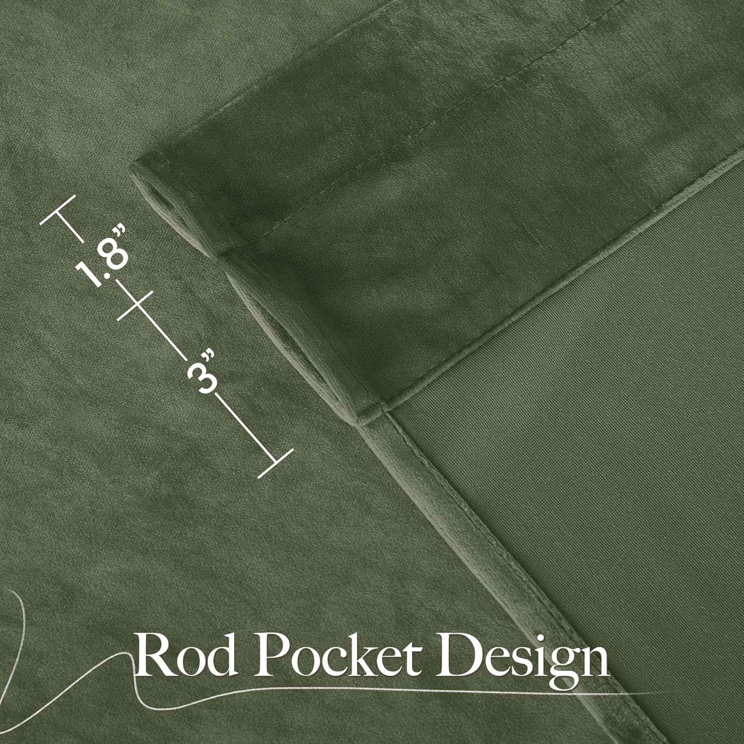 Close-up of olive green velvet curtain panel highlighting rod pocket design. Features 1.8 inch opening.