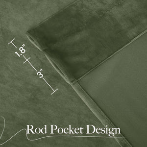 Close-up of olive green velvet curtain panel highlighting rod pocket design. Features 1.8 inch opening.