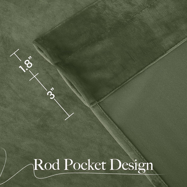 Close-up of olive green velvet curtain panel highlighting rod pocket design. Features 1.8 inch opening.