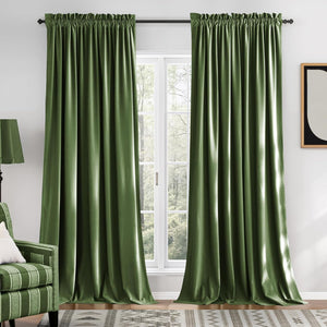 Olive green velvet rod pocket curtains hanging, plush fabric with elegant drapes.