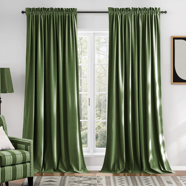Olive green velvet rod pocket curtains hanging, plush fabric with elegant drapes.