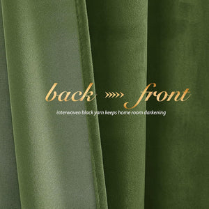 Olive green velvet room darkening curtain, showing soft front and textured back with darkening yarn.