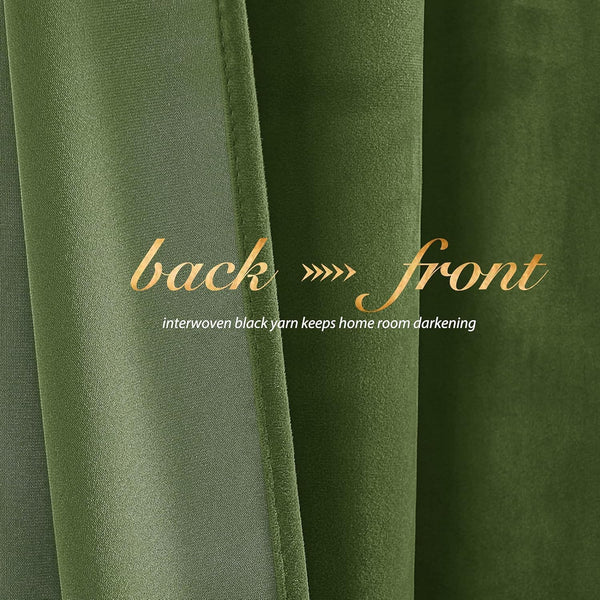 Olive green velvet room darkening curtain, showing soft front and textured back with darkening yarn.